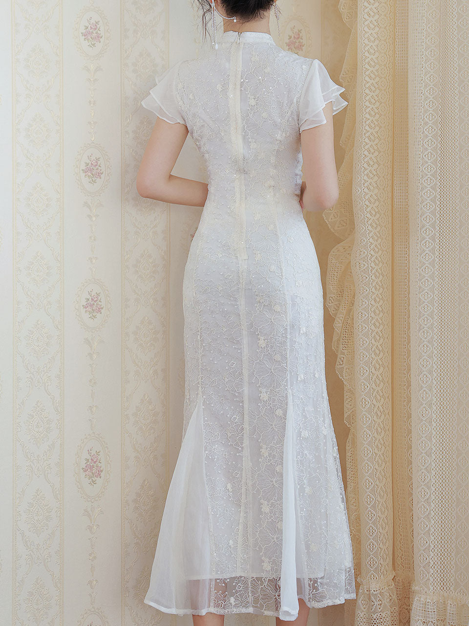 White Lace Ruffle Sleeve Sequined Fishtail Cheongsam Fishtail Wedding Dress