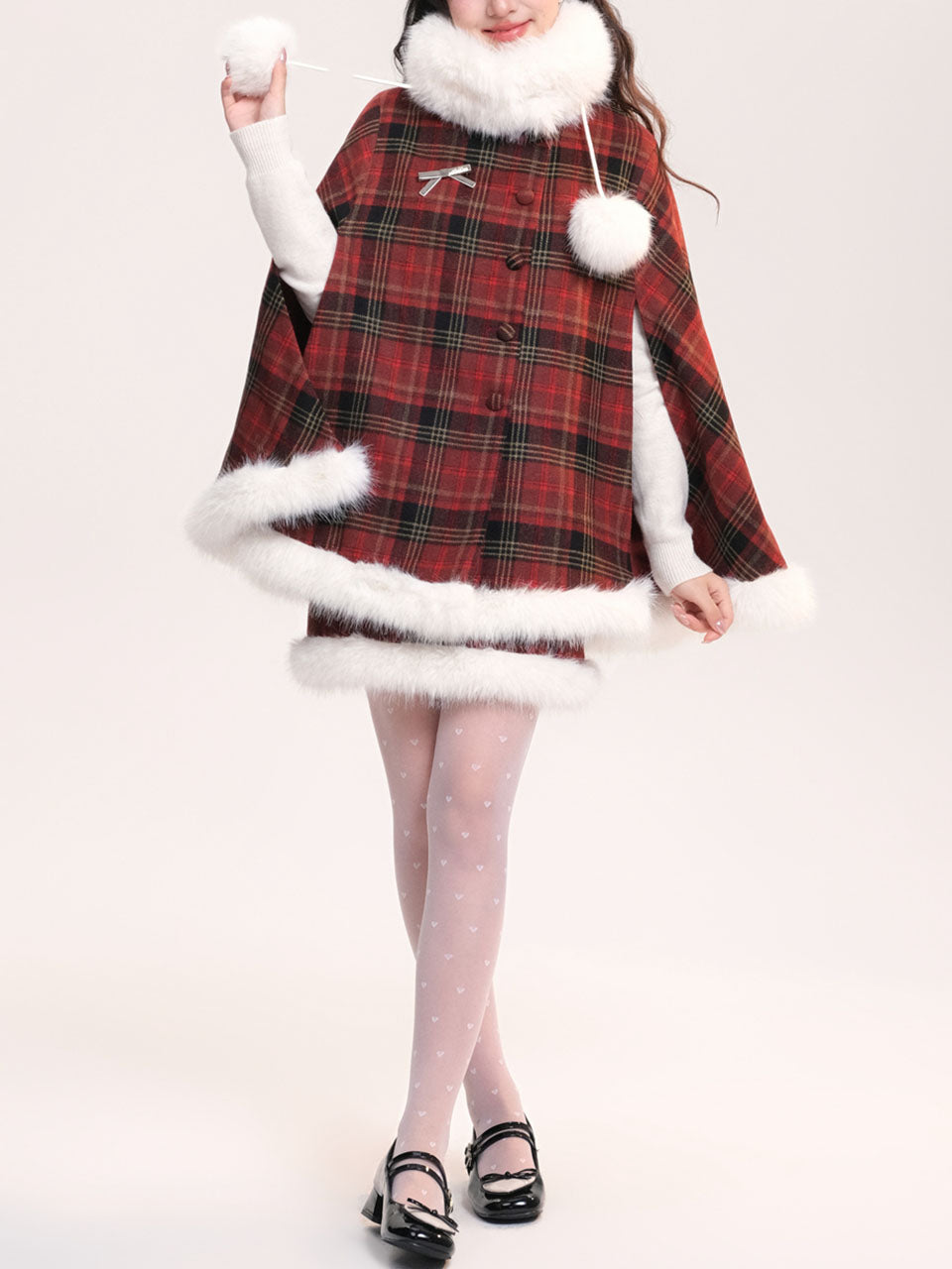 2PS Red and White Plaid Fake Fur Wool Cape Coat With Mini Skirt