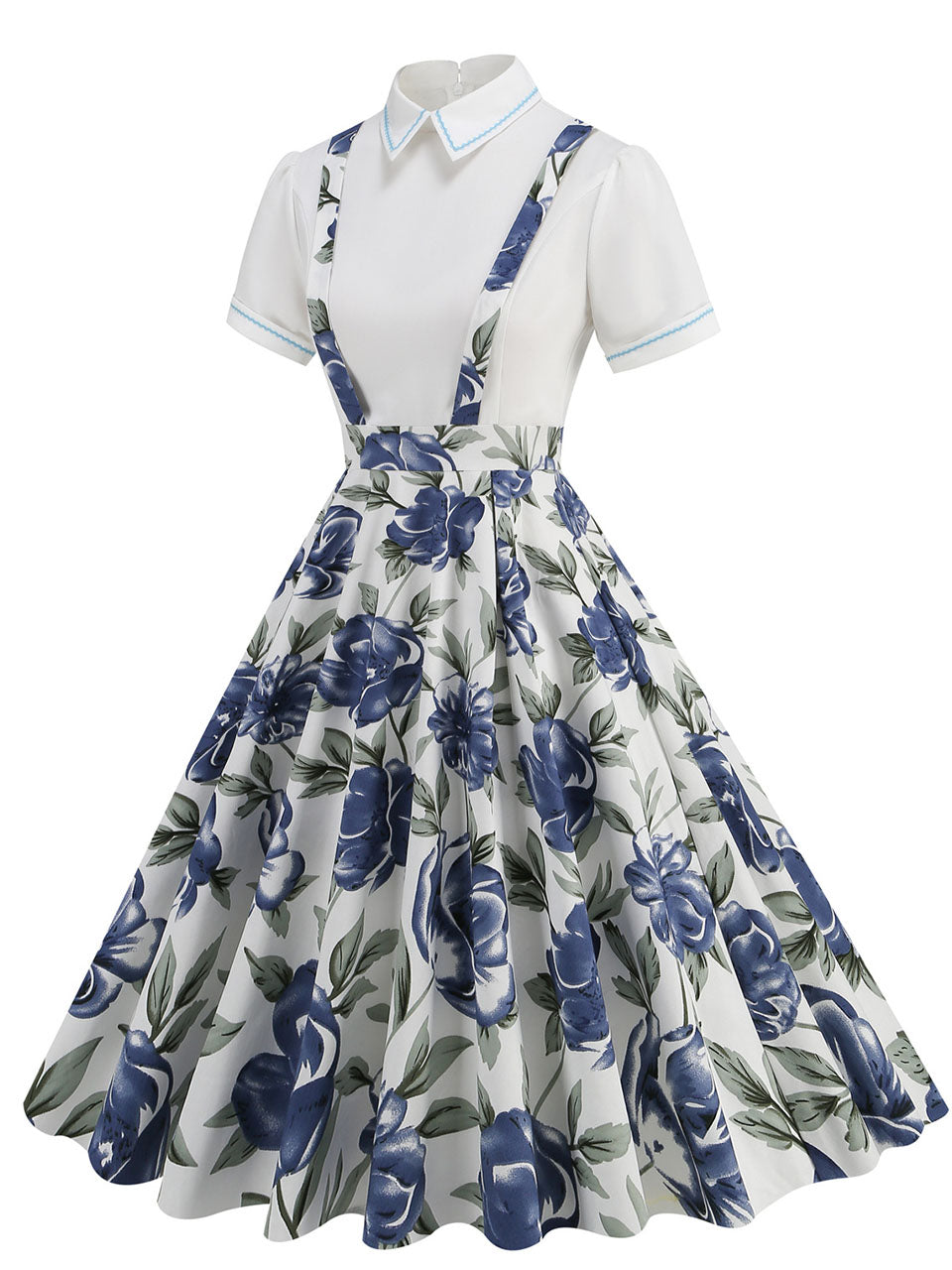 Navy Floral Print High Waist Audrey Hepburn Style Cocktail Suspender Swing Dress