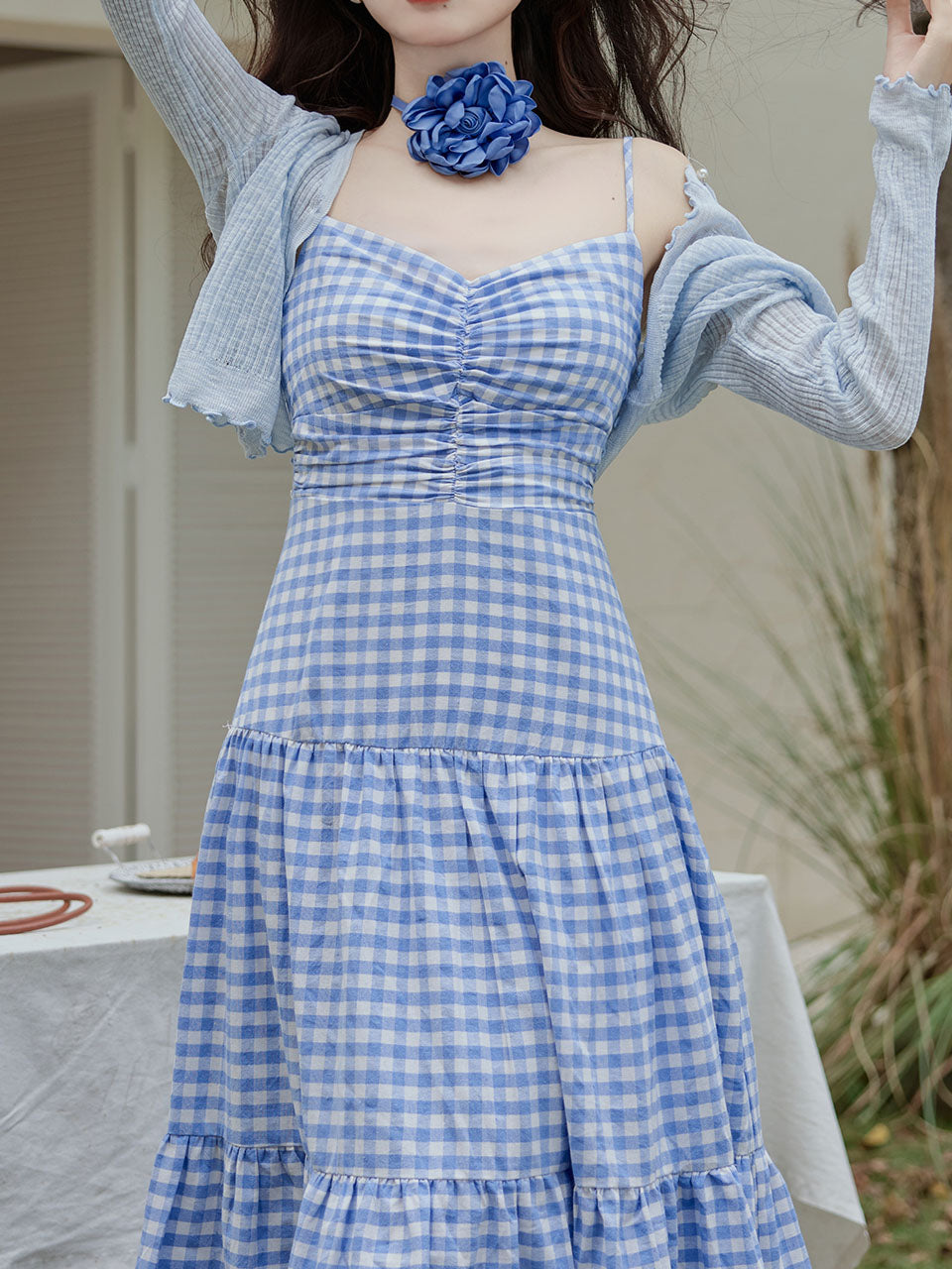 3PS Blue Plaid Spaghetti Strap Dress With Blue Shawl Dress Suit