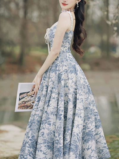 2PS Apricot Cardigan With Blue Porcelain Pattern Swing Dress