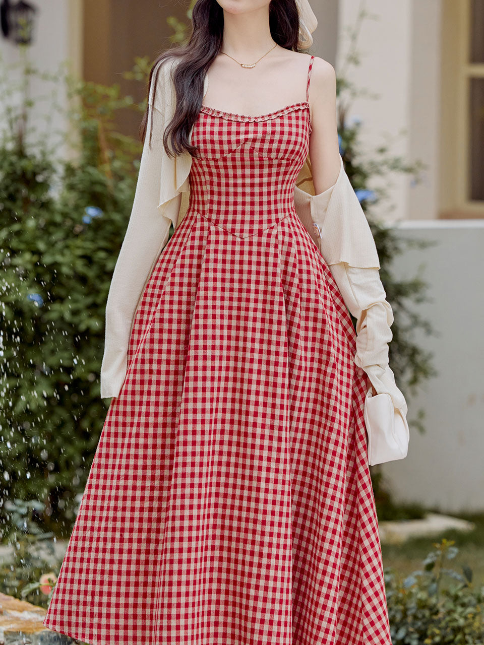 2PS Red Plaid Spaghetti Strap Dress With White Shawl Dress Suit