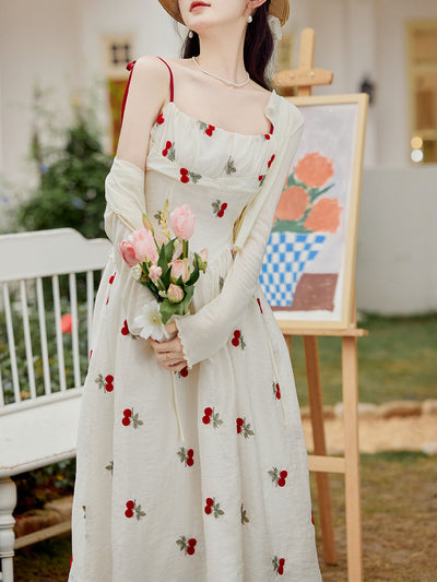 2PS White Cherry Print Spaghetti Strap Dress With White Shawl Dress Suit