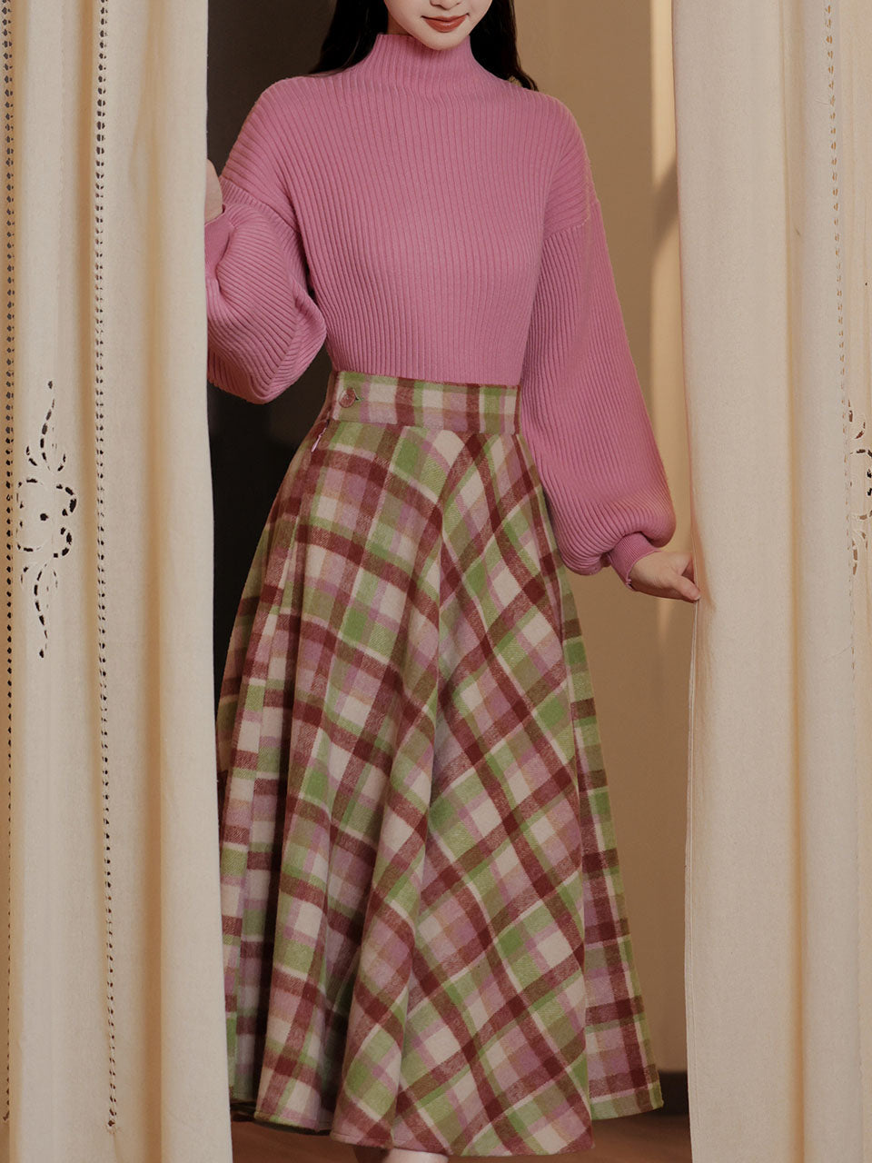 2PS Fuchsia Warm Sweater And Plaid Swing Skirt