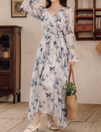 Blue Butterfly Print Long Sleeve Vintage Maxi Dress