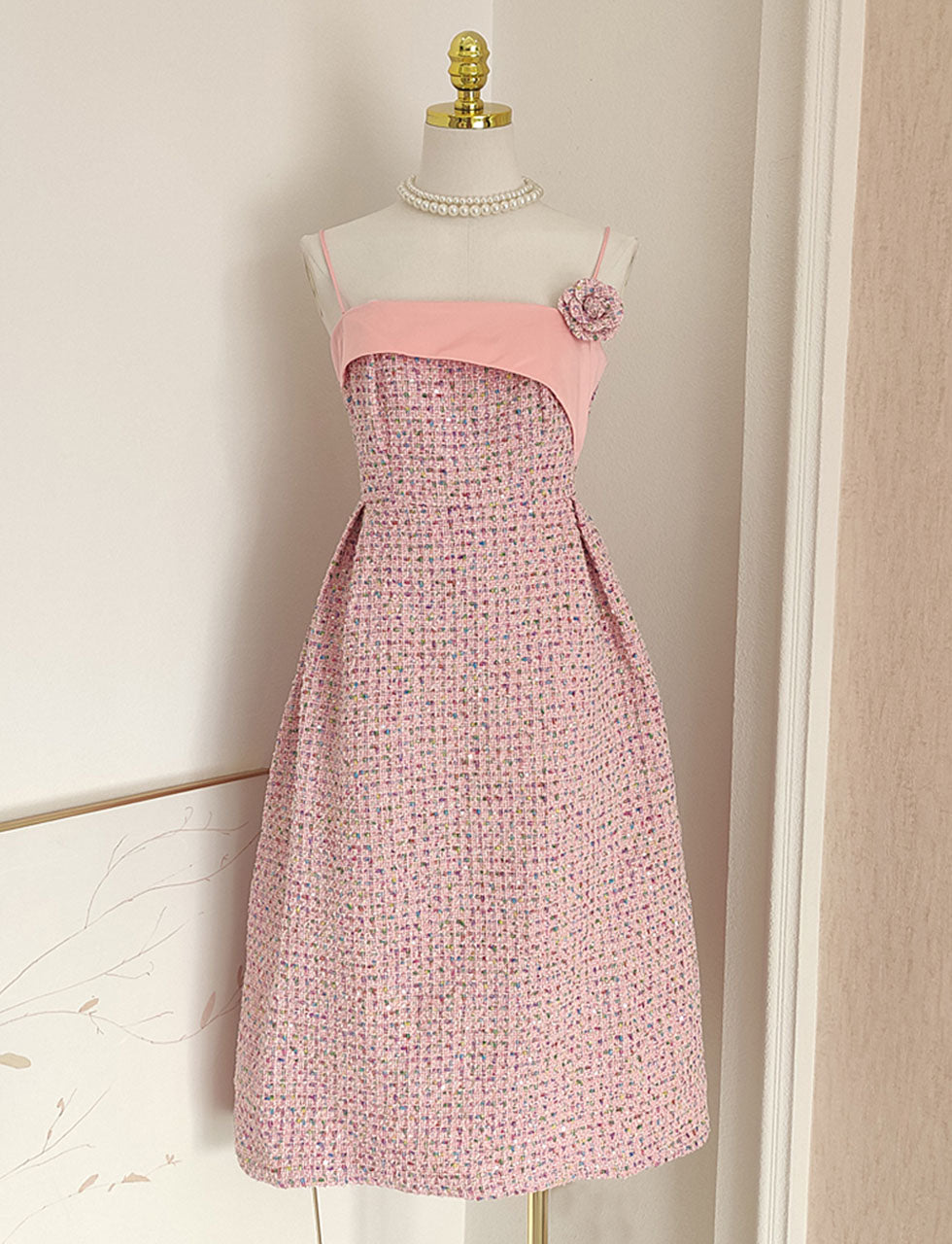 Pink Camellia Flower Spaghetti Strap Tweed Party Dress