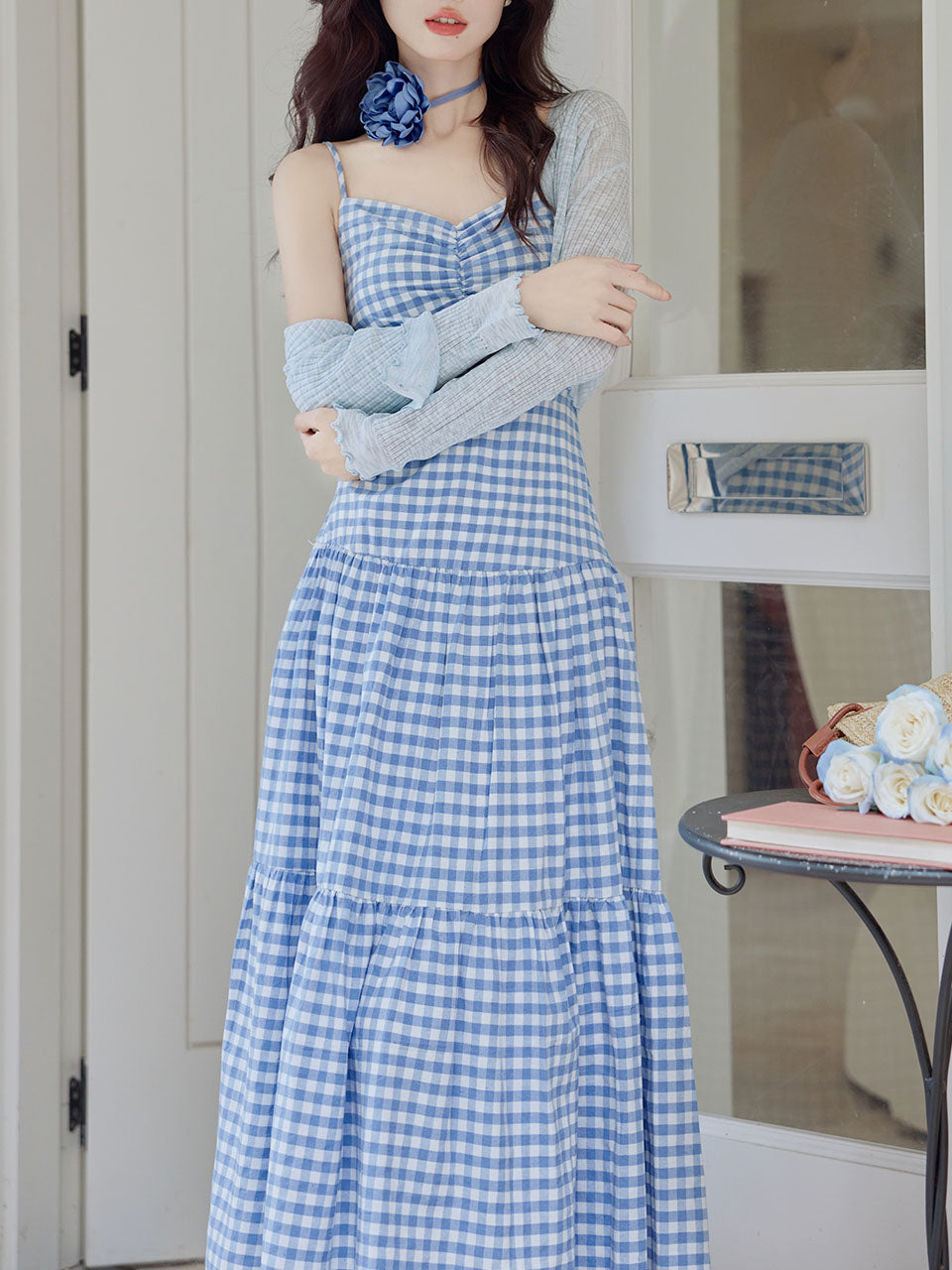 3PS Blue Plaid Spaghetti Strap Dress With Blue Shawl Dress Suit