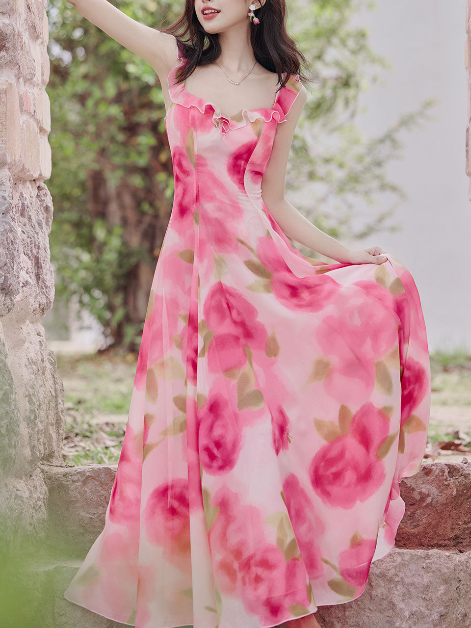 Sweet Rose Ruffles Strap Vintage Swing Maxi Dress