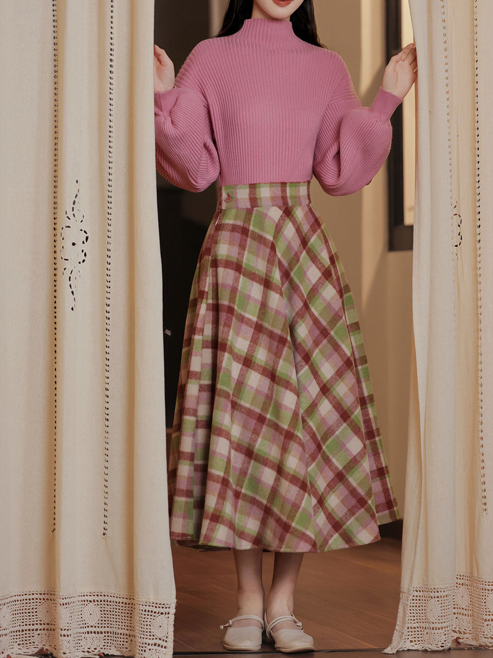 2PS Fuchsia Warm Sweater And Plaid Swing Skirt