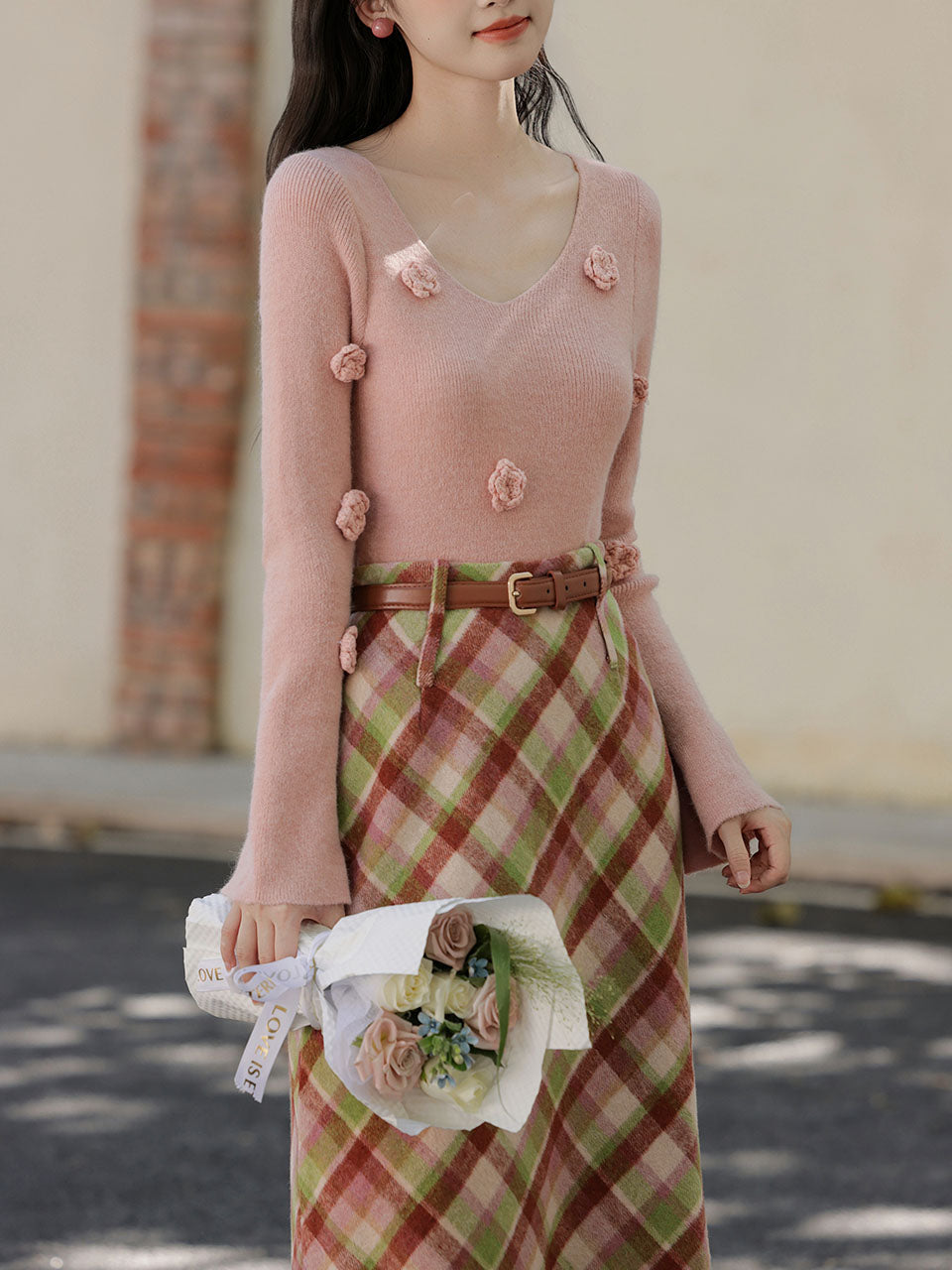 2PS Pink V Neck Sweater And White Straight Skirt Vintage outfit