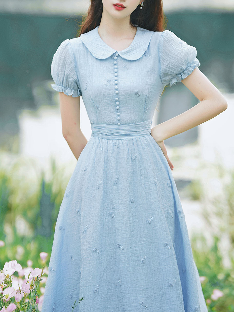 Baby Blue Dandelion Embroidery Peter Pan Collar Vintage Dress