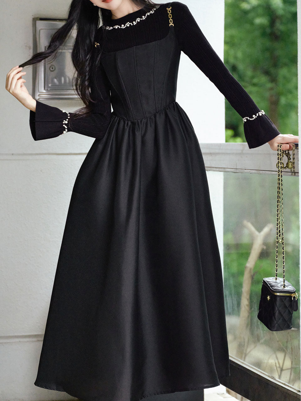 2 Piece Black Retro Suspender Dress with Black Hand Sewn Pearls Sweater