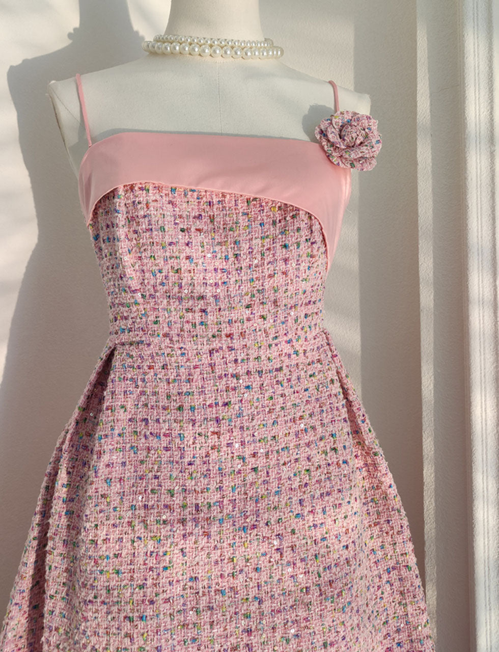 Pink Camellia Flower Spaghetti Strap Tweed Party Dress