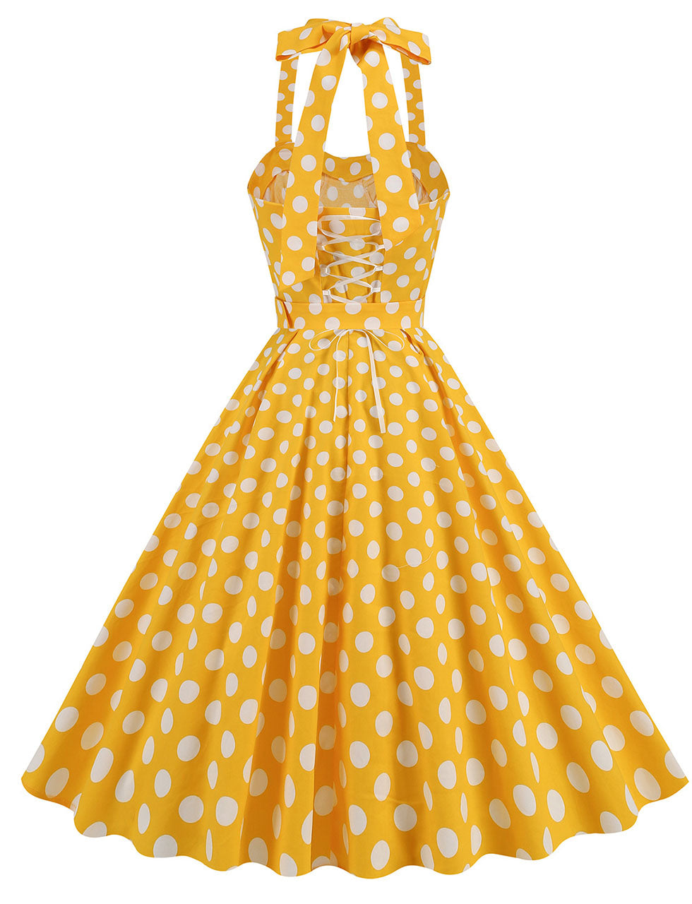 Yellow Polka Dots Lace Vintage Halter Backless 1950S Vintage Dress