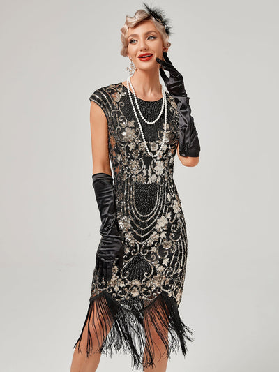 Crew Neck Sequined Beaded Cap Sleeve Tassels 1920S Gatsby Dress