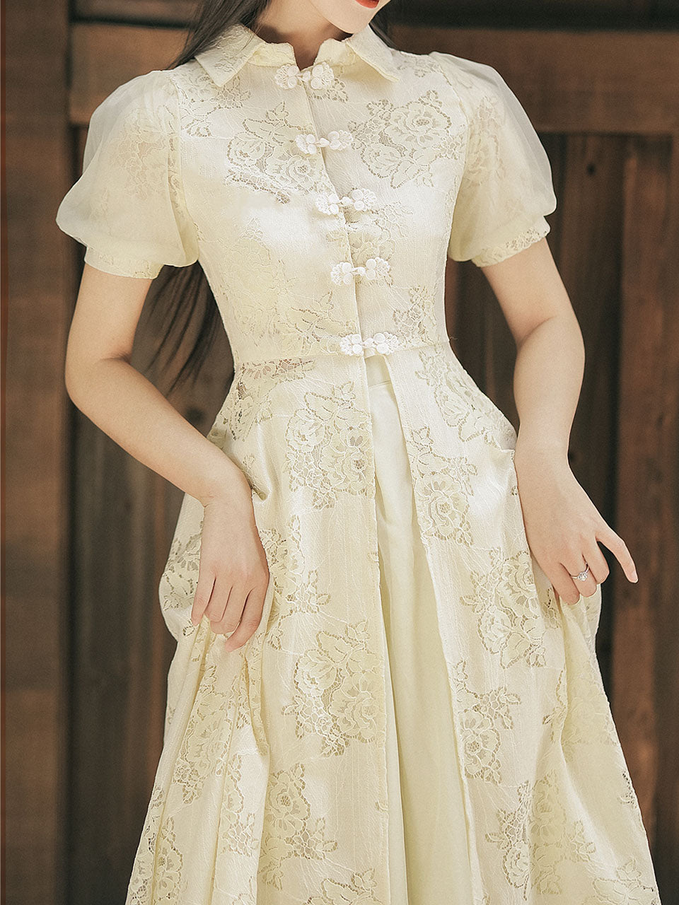 2PS Apricot Eton Collar Lace Swing Dress With Swing Skirt