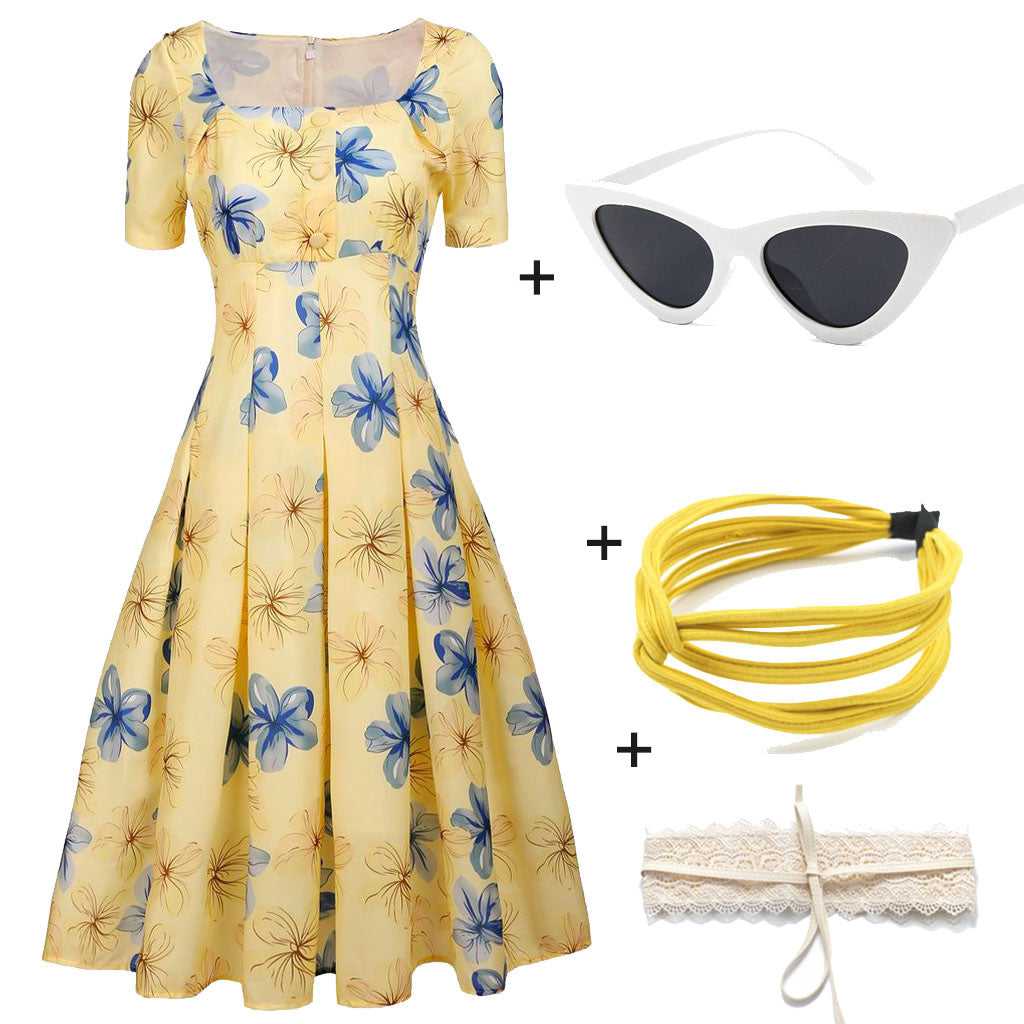 The Marvelous Mrs.Maisel Same Style Yellow Floral Swing 50S Dress with Glass