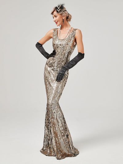 Gold 1920S Sequined Fringe Flapper Maxi Dress